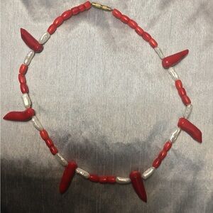 Elegant Red coral and freshwater baroque pearl Necklace